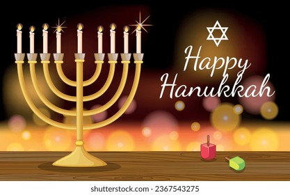 Happy Hanukkah Bright Background with Menorah, David Star and Bokeh Effect. Vector illustration