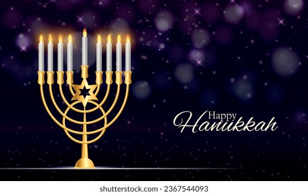 Happy Hanukkah Bright Background with Menorah, David Star and Bokeh Effect. Vector illustration