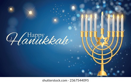 Happy Hanukkah Bright Background with Menorah, David Star and Bokeh Effect. Vector illustration