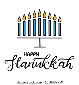 Happy Hanukkah calligraphic lettering vector illustration. The concept of celebration the traditional religious Jewish holiday. Menorah with nine blue candles. Typographic card.