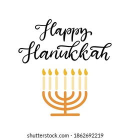 Happy Hanukkah calligraphic lettering vector illustration. The concept of celebration the traditional religious Jewish holiday. Menorah with yellow candles.