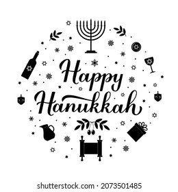 Happy Hanukkah calligraphy hand lettering with traditional symbols: Menorah candle, dreidel, jar, etc . Jewish Festival of Lights. Vector template for greeting card, banner, poster, invitation, flyer.
