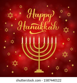 Happy Hanukkah calligraphy lettering and gold stars of David and menorah candle on Red background. Jewish holiday Festival of Lights. Vector template for banner, poster, greeting card, flyer, postcard