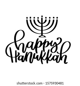 Happy Hanukkah calligraphy with nine branches menorah candelabra vector graphic. Jewish Festival of Lights ethnic winter holiday lettering to make cards, iron on, wall art.