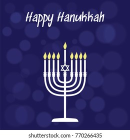 Happy Hanukkah. Candle holder with nine candles on a blue background with blurred spots of light.