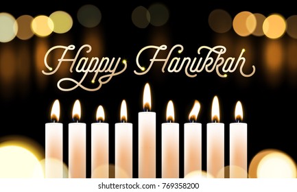 Happy Hanukkah candle lights bokeh and golden calligraphy text for Jewish holiday greeting card design. Vector Chanukah or Hanukah holy lights festival background of candle blur flame