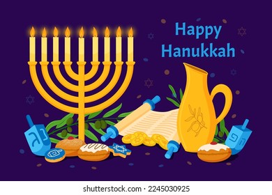 Happy hanukkah, candle and traditional symbols, greeting card. Kids party banner with menorah, dreidel and hebrew money. Olive branch and David star. Vector illustration utter web banner