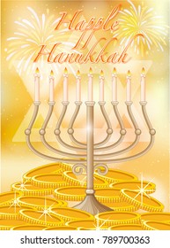 Happy Hanukkah with candles and gold illustration