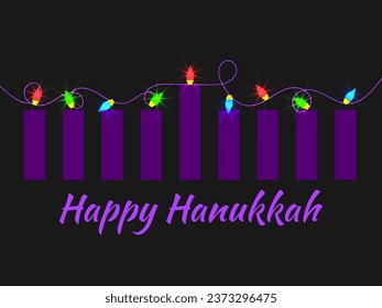 Happy Hanukkah. Hanukkah candles and holiday lights. Glowing garland. Creative design for greeting card, banner and poster. Vector illustration