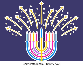 Happy hanukkah. Hanukkah candles. Menorah with nine candles. Fireworks spark. Vector illustration