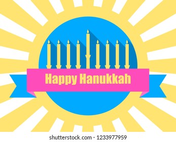 Happy hanukkah. Hanukkah candles. Nine candles and ribbon. Rays on background. Vector illustration