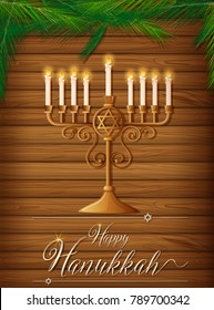 Happy Hanukkah with candles and pine illustration