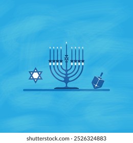 Feliz Hanukkah, um candelabro e uma brilhante estrela de David e um jogo de família Dreidel para o feriado judeu de Hanukkah.