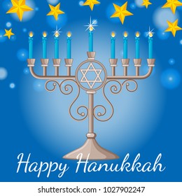 Happy Hanukkah card with blue candles and stars at night illustration