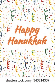 Happy Hanukkah card cover with exploding party popper, colorful serpentine and confetti on background