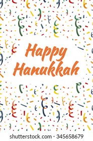 Happy Hanukkah card cover with exploding party popper, colorful serpentine and confetti on background