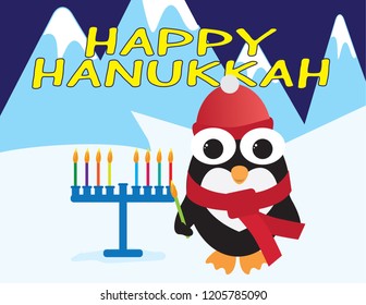 Happy Hanukkah card. Cute penguin with red hat and scarf standing near a blue menora with colorful candles, holding green candle