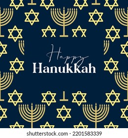 Happy Hanukkah card design with gold symbols on blue color background for Hanukkah Jewish holiday
