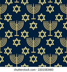 Happy Hanukkah card design with gold symbols on blue color background for Hanukkah Jewish holiday