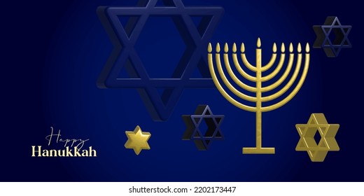 Happy Hanukkah card design with gold symbols on blue color background for Hanukkah Jewish holiday