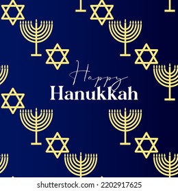 Happy Hanukkah card design with gold symbols on blue color background for Hanukkah Jewish holiday