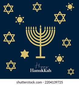 Happy Hanukkah card design with gold symbols on blue color background for Hanukkah Jewish holiday