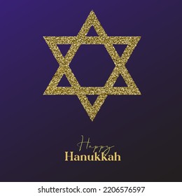 Happy Hanukkah card design with gold symbols on blue color background for Hanukkah Jewish holiday