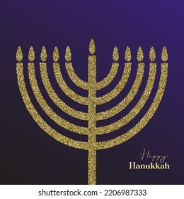 Happy Hanukkah card design with gold symbols on blue color background for Hanukkah Jewish holiday