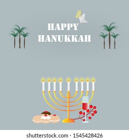 Happy Hanukkah card with different Hanukkah symbols,vector illustration.