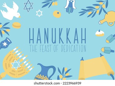 Happy Hanukkah card. Hanukkah. The feast of dedication. Holidays lettering. Ink illustration. Vector illustration.