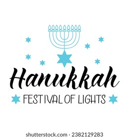 Happy Hanukkah card. Hanukkah festival of lights. Holidays lettering. Ink illustration.