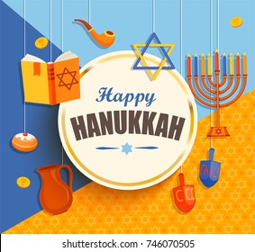 Happy hanukkah card with golden frame on geometric background with different hanukkah symbols. Vector illustration.