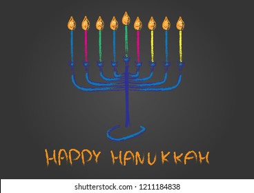 Happy Hanukkah card. Hand drawn Menora and colorful candles On black background