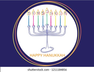 Happy Hanukkah card. Hand drawn Menora and colorful candles with face, White circle and Blue background