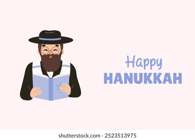 Happy Hanukkah, card with Jew cute illustration. Vector illustration.