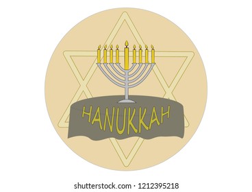Happy Hanukkah card with lettering text and menorah with 9 candles.