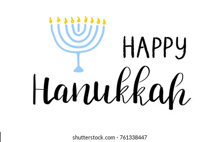 Happy Hanukkah Card With Lettering Text And Menorah With 9 Candles On White Background