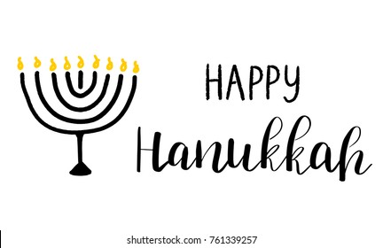 Happy Hanukkah card with lettering text and menorah with 9 candles on white background