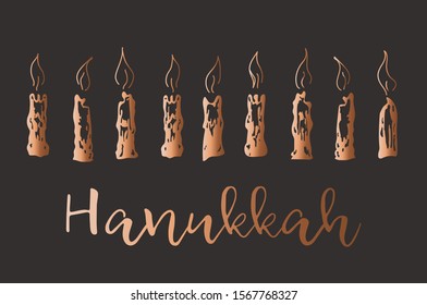 Happy Hanukkah card with menora. Jewish holiday background. David Star. Poster print typographic inscription.Vector illustration.