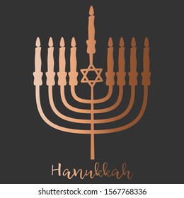 Happy Hanukkah card with menora. Jewish holiday background. David Star. Poster print typographic inscription.Vector illustration.