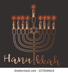 Happy Hanukkah card with menora. Jewish holiday background. David Star. Poster print typographic inscription.Vector illustration.