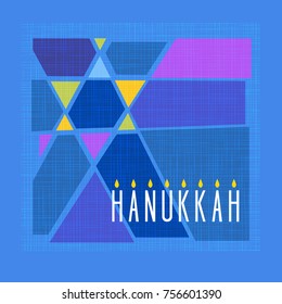 Happy Hanukkah card. Menorah and abstract star of David in colorful cut paper style. For greeting cards, banners, posters.