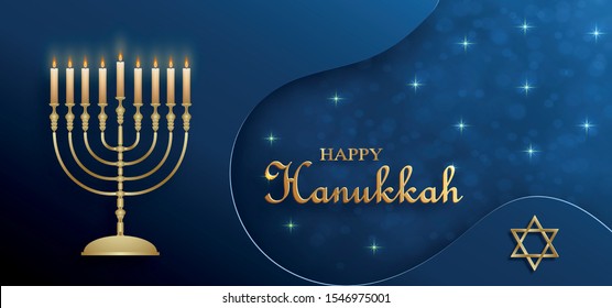 Happy Hanukkah card with nice and creative symbols and gold paper cut style on color background for Hanukkah Jewish holiday