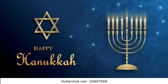 Happy Hanukkah card with nice and creative symbols and gold paper cut style on color background for Hanukkah Jewish holiday