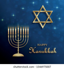 Happy Hanukkah card with nice and creative symbols and gold paper cut style on color background for Hanukkah Jewish holiday