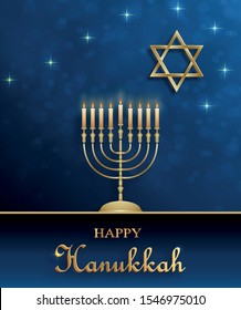 Happy Hanukkah card with nice and creative symbols and gold paper cut style on color background for Hanukkah Jewish holiday