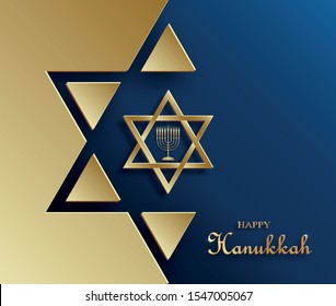 Happy Hanukkah card with nice and creative symbols and gold paper cut style on color background for Hanukkah day and Hanukkah Jewish holiday