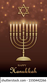 Happy Hanukkah card with nice and creative symbols and gold paper cut style on color background for Hanukkah day and Hanukkah Jewish holiday