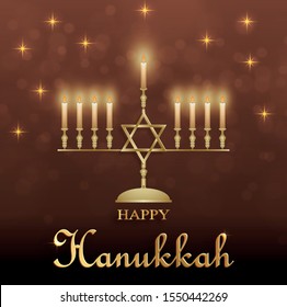 Happy Hanukkah card with nice and creative symbols and gold paper cut style on color background for Hanukkah day and Hanukkah Jewish holiday