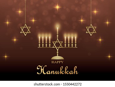 Happy Hanukkah card with nice and creative symbols and gold paper cut style on color background for Hanukkah day and Hanukkah Jewish holiday